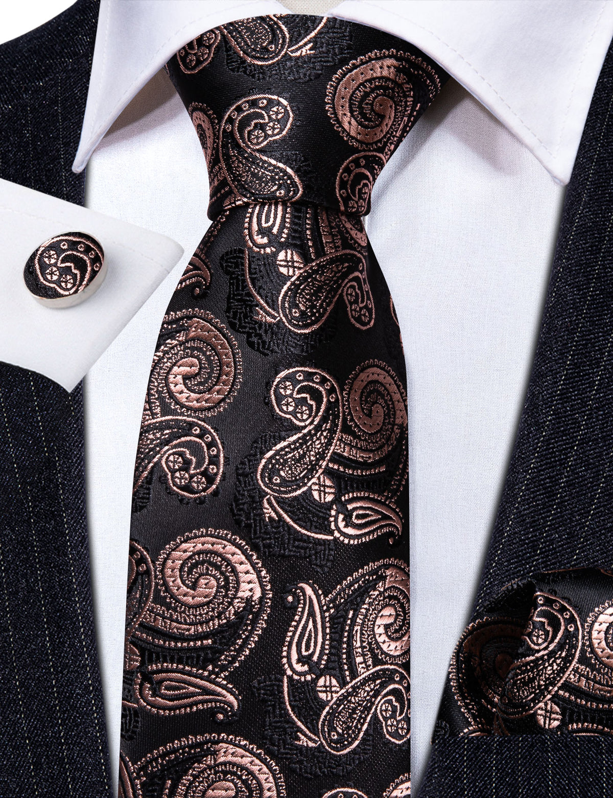 Black Brown Paisley Tie, Pocket Square and Cufflinks Set tie sets - Sophisticated Gentlemen