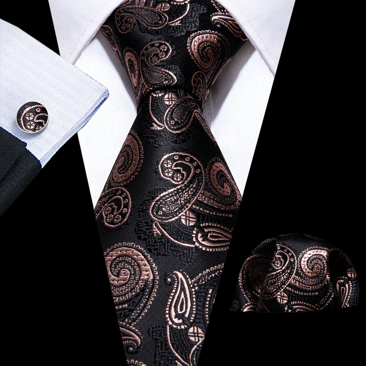 Black Brown Paisley Tie, Pocket Square and Cufflinks Set tie sets - Sophisticated Gentlemen