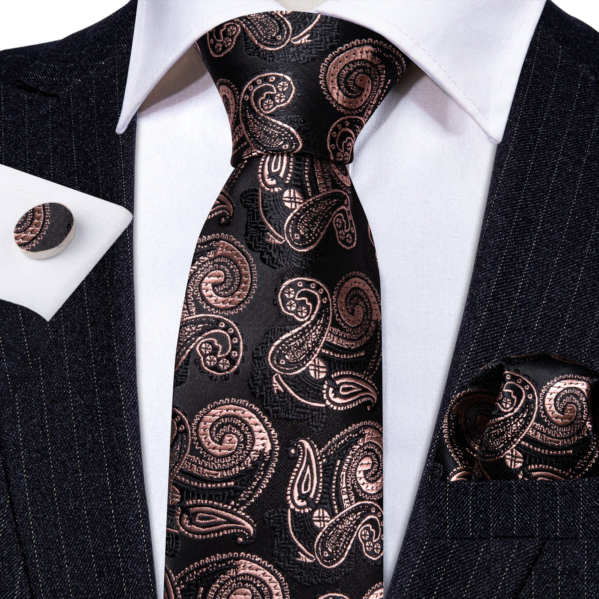 Black Brown Paisley Tie, Pocket Square and Cufflinks Set tie sets - Sophisticated Gentlemen