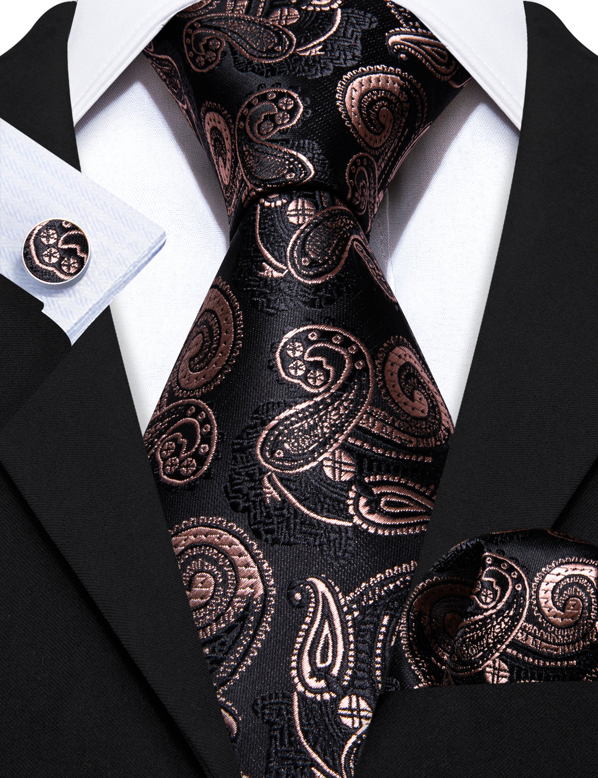Black Brown Paisley Tie, Pocket Square and Cufflinks Set tie sets - Sophisticated Gentlemen