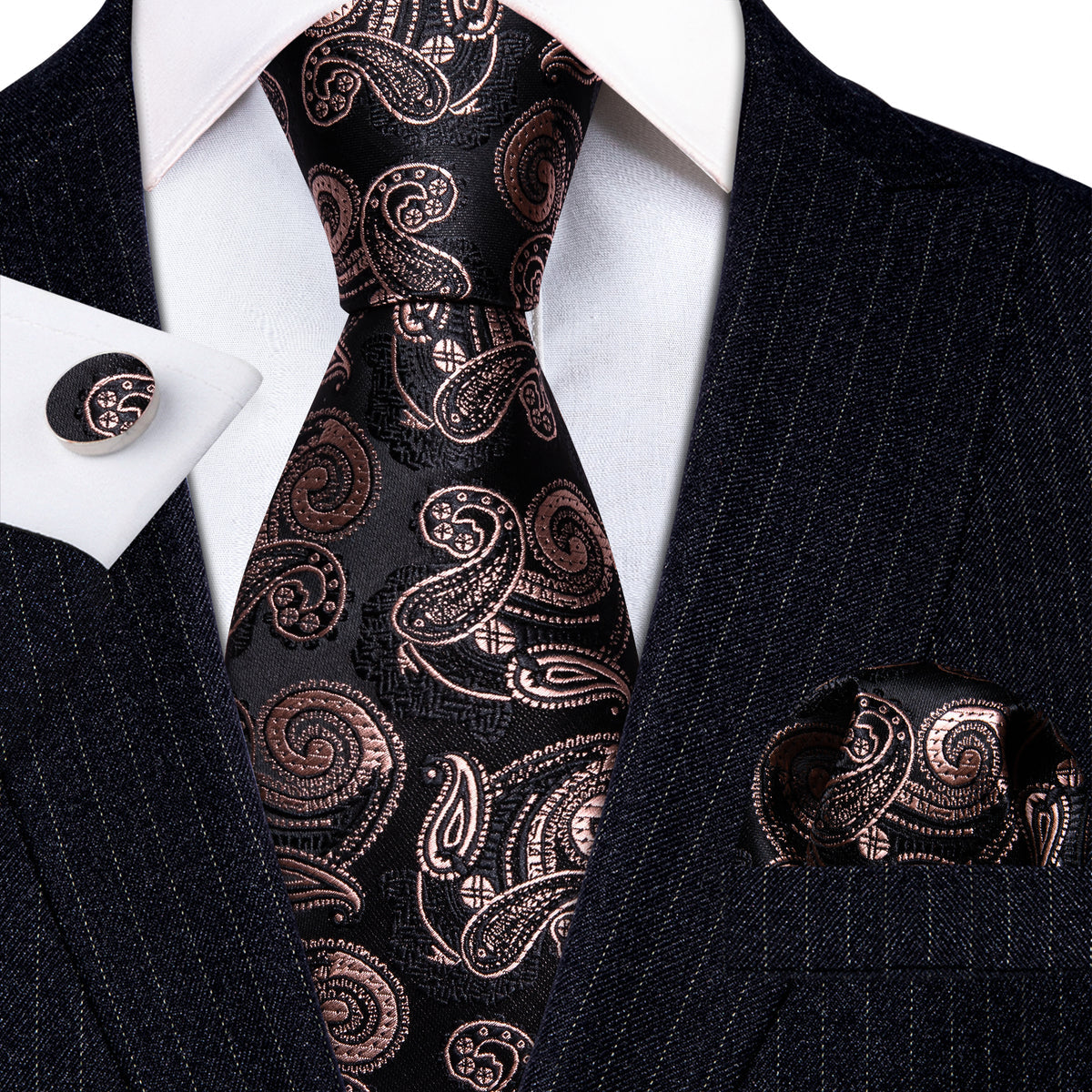Black Brown Paisley Tie, Pocket Square and Cufflinks Set tie sets - Sophisticated Gentlemen