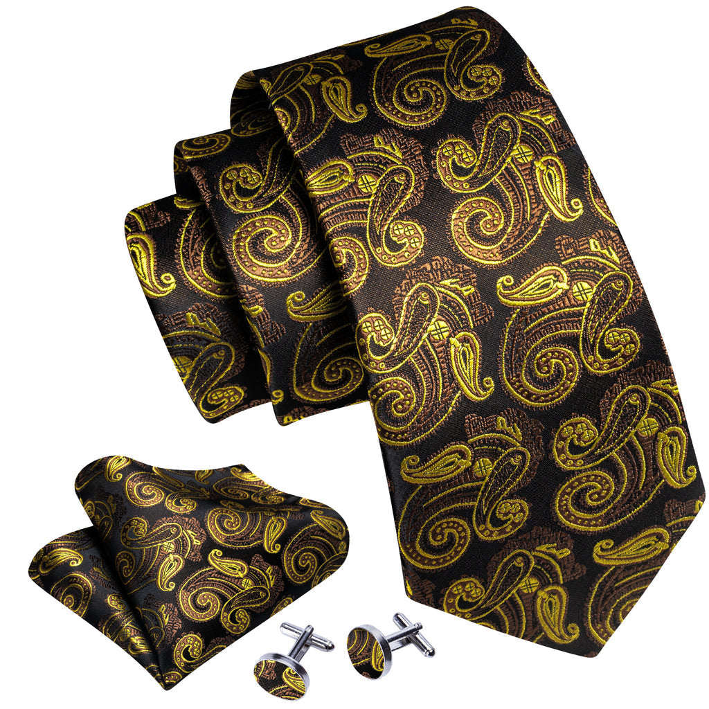 Gold Brown Paisley Tie, Pocket Square and Cufflinks Set tie sets - Sophisticated Gentlemen