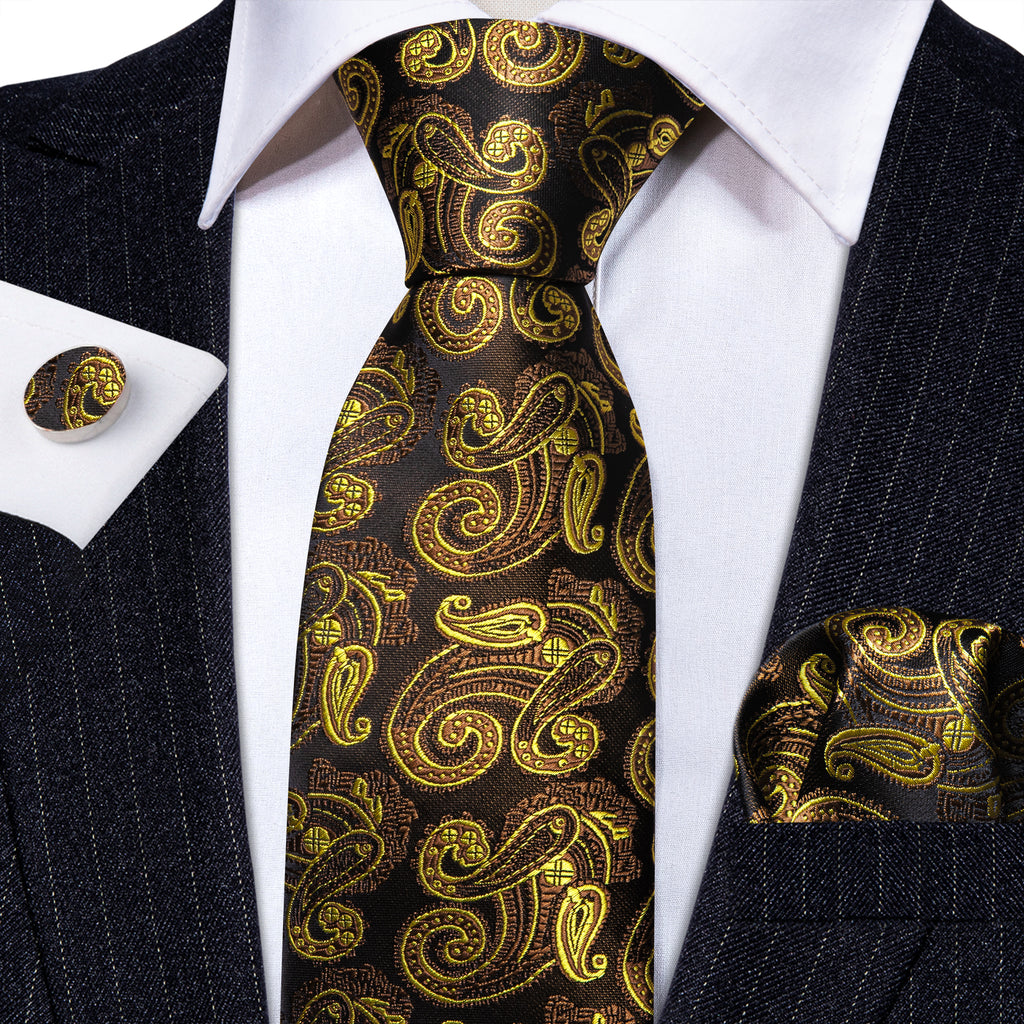 Gold Brown Paisley Tie, Pocket Square and Cufflinks Set tie sets - Sophisticated Gentlemen
