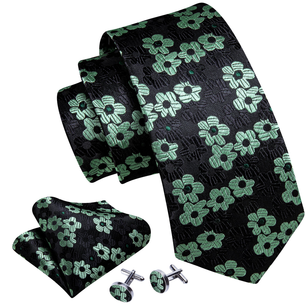 Black Light Green Floral Jacquard Tie, Pocket Square and Cufflinks Set tie sets - Sophisticated Gentlemen
