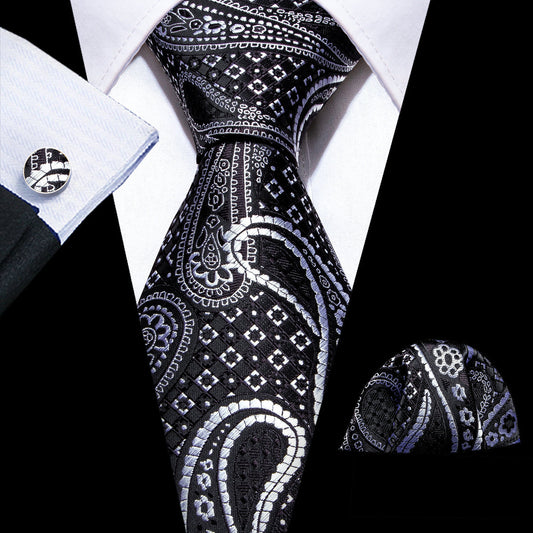 Black Silver Paisley Silk Tie, Pocket Square and Cufflinks Set tie sets    - Sophisticated Gentlemen