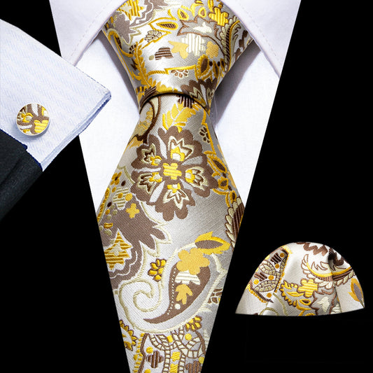Gray Yellow Paisley Silk Tie, Pocket Square and Cufflinks Set tie sets    - Sophisticated Gentlemen