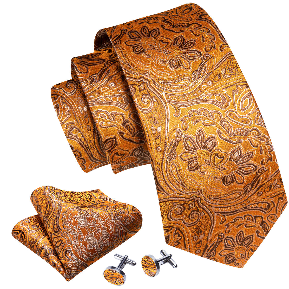Orange Silver Paisley Silk Tie, Pocket Square and Cufflinks Set tie sets - Sophisticated Gentlemen