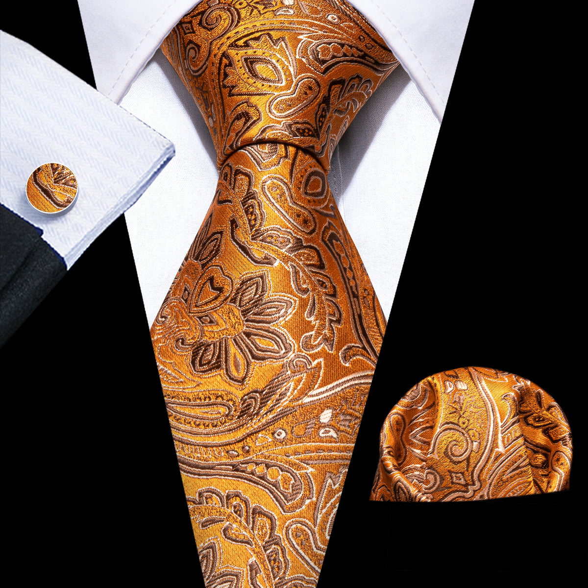 Orange Silver Paisley Silk Tie, Pocket Square and Cufflinks Set tie sets - Sophisticated Gentlemen