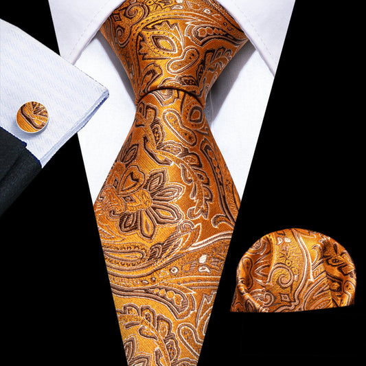 Orange Silver Paisley Silk Tie, Pocket Square and Cufflinks Set tie sets    - Sophisticated Gentlemen