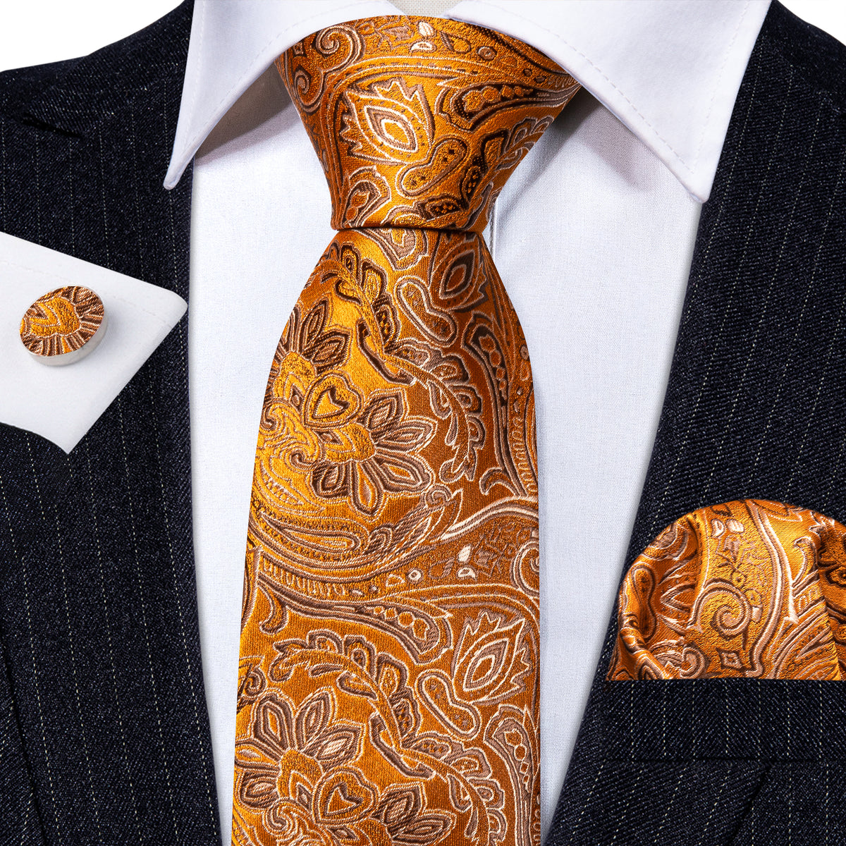 Orange Silver Paisley Silk Tie, Pocket Square and Cufflinks Set tie sets - Sophisticated Gentlemen