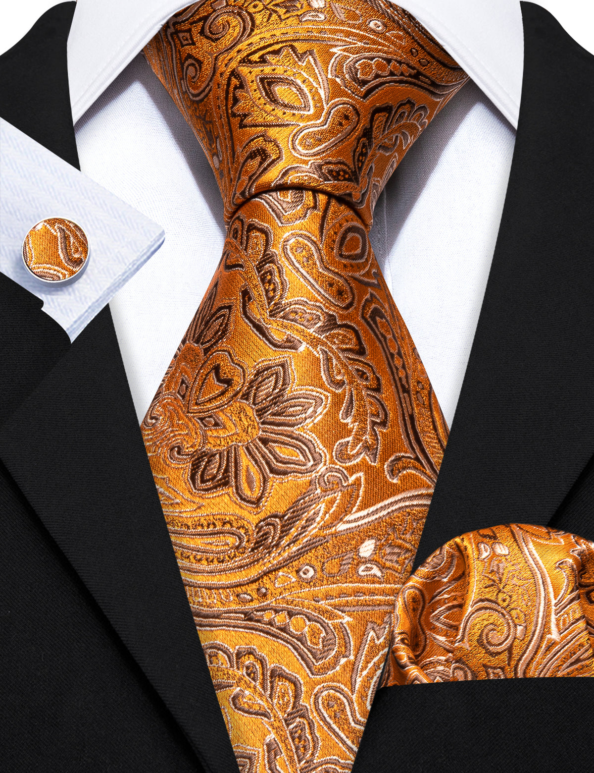 Orange Silver Paisley Silk Tie, Pocket Square and Cufflinks Set tie sets - Sophisticated Gentlemen