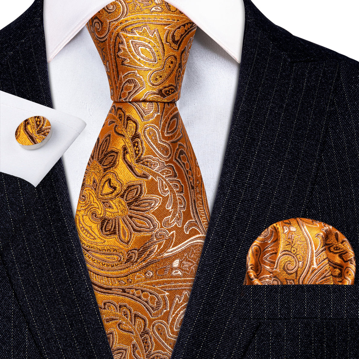 Orange Silver Paisley Silk Tie, Pocket Square and Cufflinks Set tie sets - Sophisticated Gentlemen
