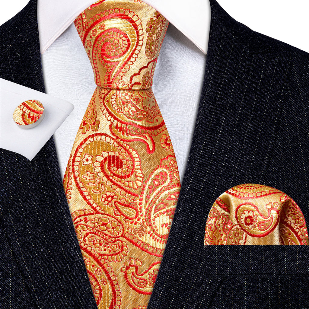 Red Gold Floral Paisley Silk Tie, Pocket Square and Cufflinks Set tie sets - Sophisticated Gentlemen