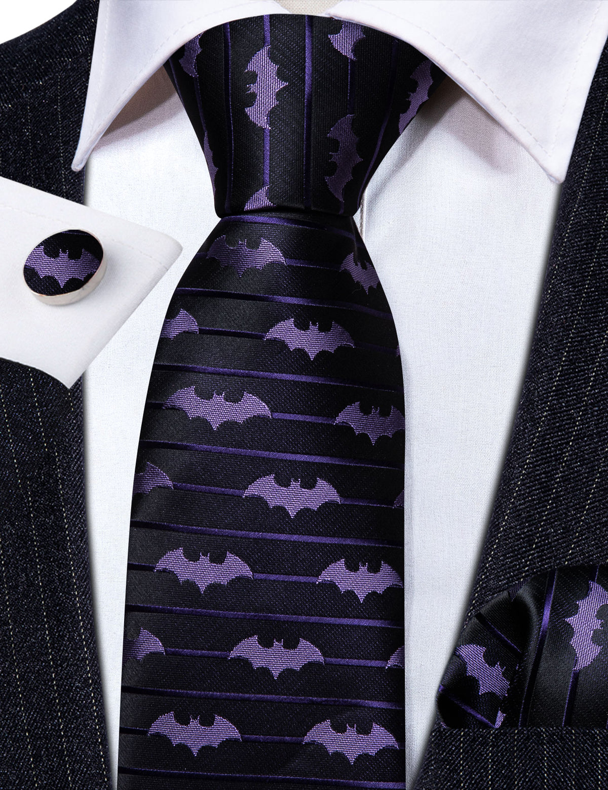 Black Purple Bat Novelty Silk Tie, Pocket Square and Cufflinks Set tie sets - Sophisticated Gentlemen