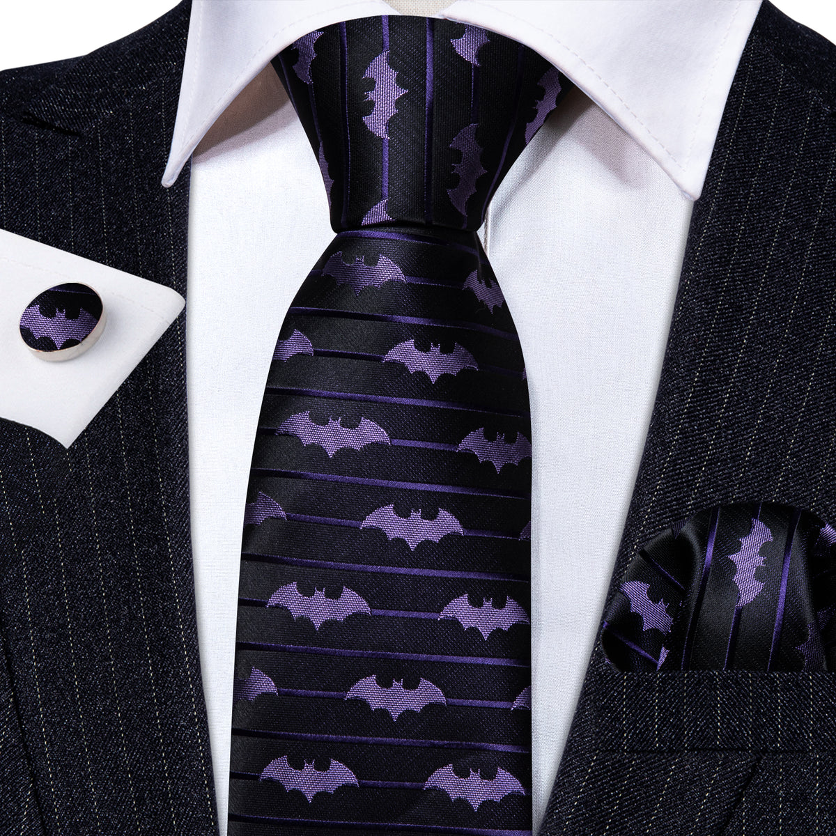 Black Purple Bat Novelty Silk Tie, Pocket Square and Cufflinks Set tie sets - Sophisticated Gentlemen
