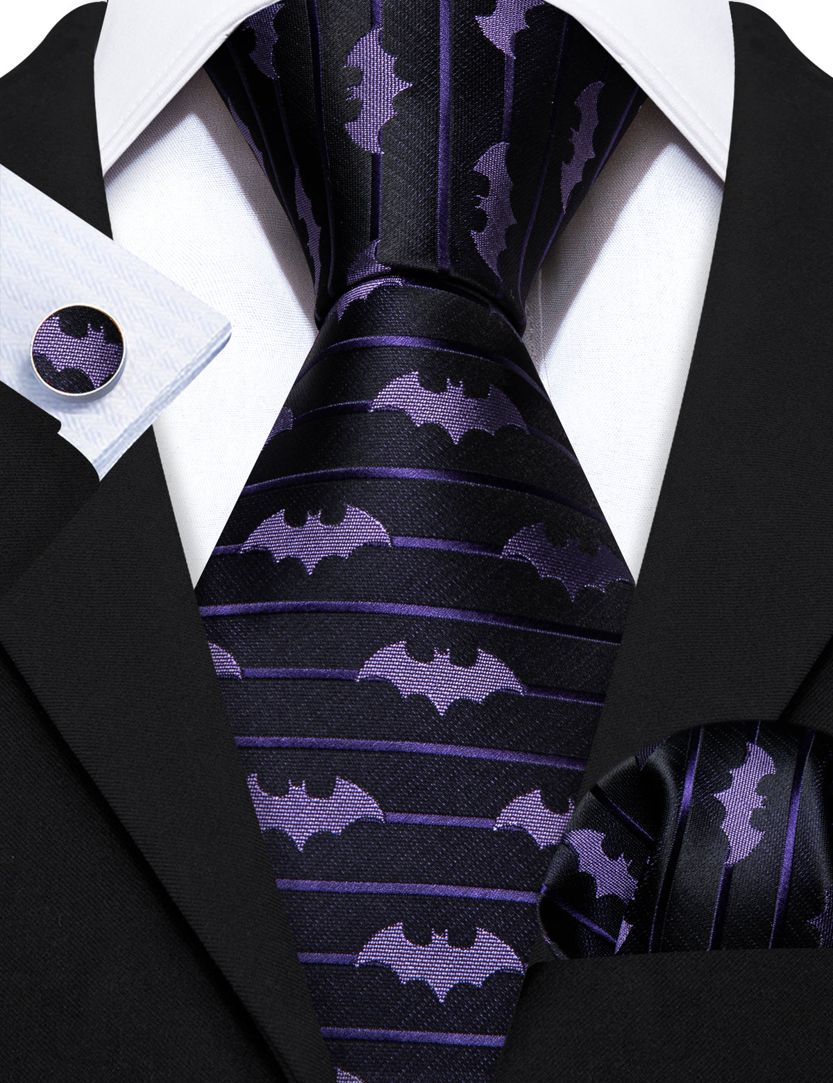 Black Purple Bat Novelty Silk Tie, Pocket Square and Cufflinks Set tie sets - Sophisticated Gentlemen