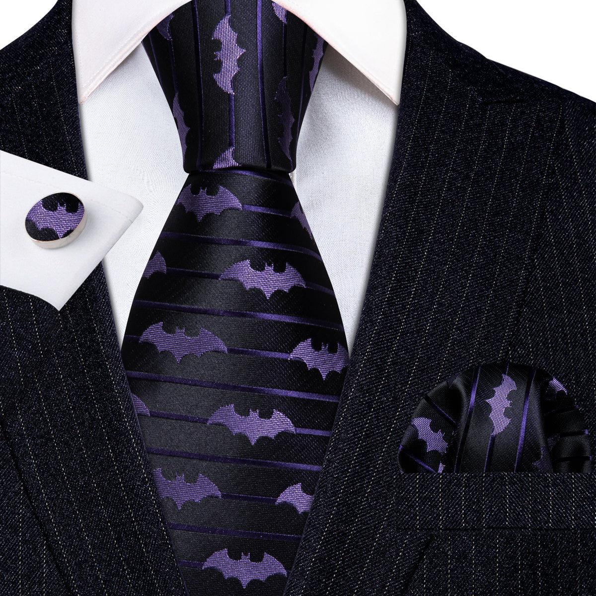 Black Purple Bat Novelty Silk Tie, Pocket Square and Cufflinks Set tie sets - Sophisticated Gentlemen