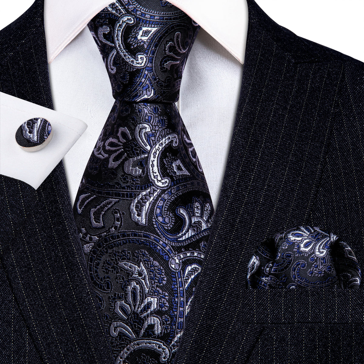 Black Blue White Paisley Silk Tie, Pocket Square and Cufflinks Set tie sets - Sophisticated Gentlemen