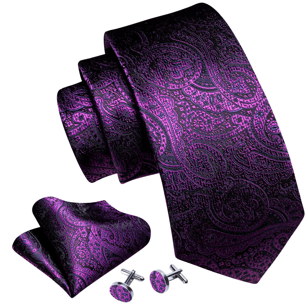 Classy Purple Paisley Silk Tie, Pocket Square and Cufflinks Set tie sets - Sophisticated Gentlemen