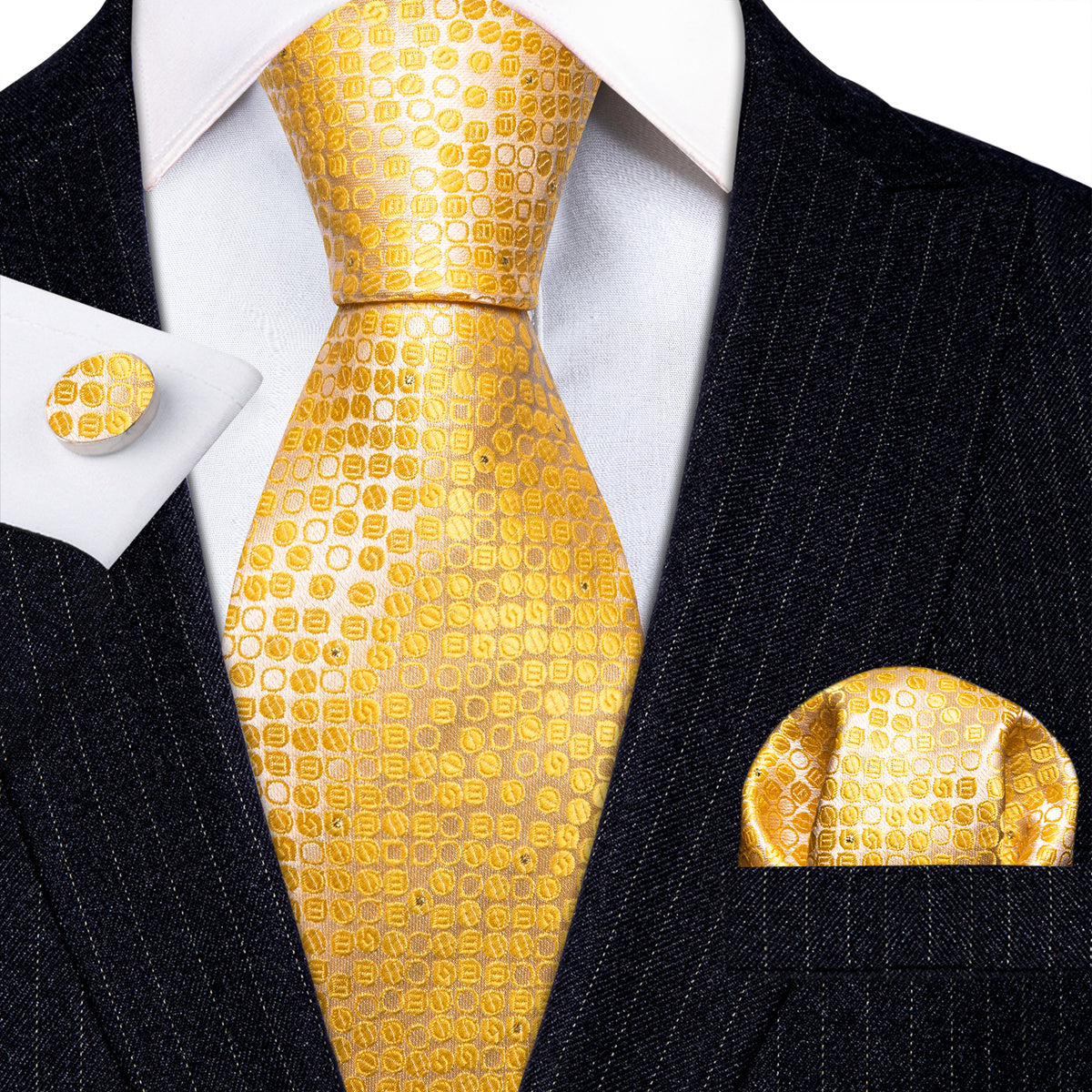 Yellow Floral Silk Tie, Pocket Square and Cufflinks Set tie sets - Sophisticated Gentlemen