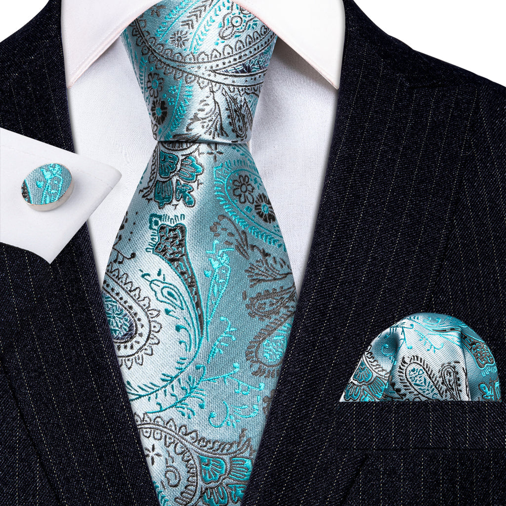 Light Teal Paisley Silk Tie, Pocket Square and Cufflinks Set tie sets - Sophisticated Gentlemen