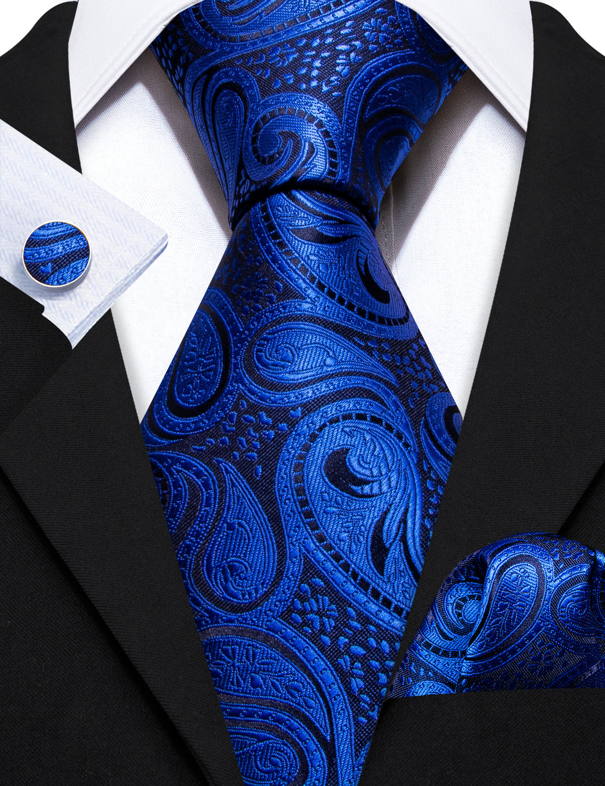 Navy Blue Paisley Silk Tie, Pocket Square and Cufflinks Set tie sets - Sophisticated Gentlemen