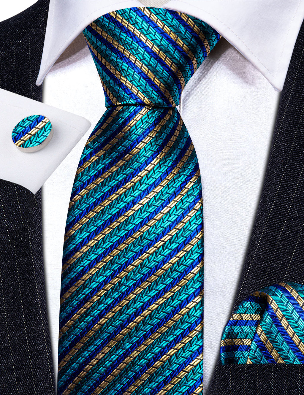 Teal Blue Beige Green Striped Tie, Pocket Square and Cufflinks Set tie sets - Sophisticated Gentlemen