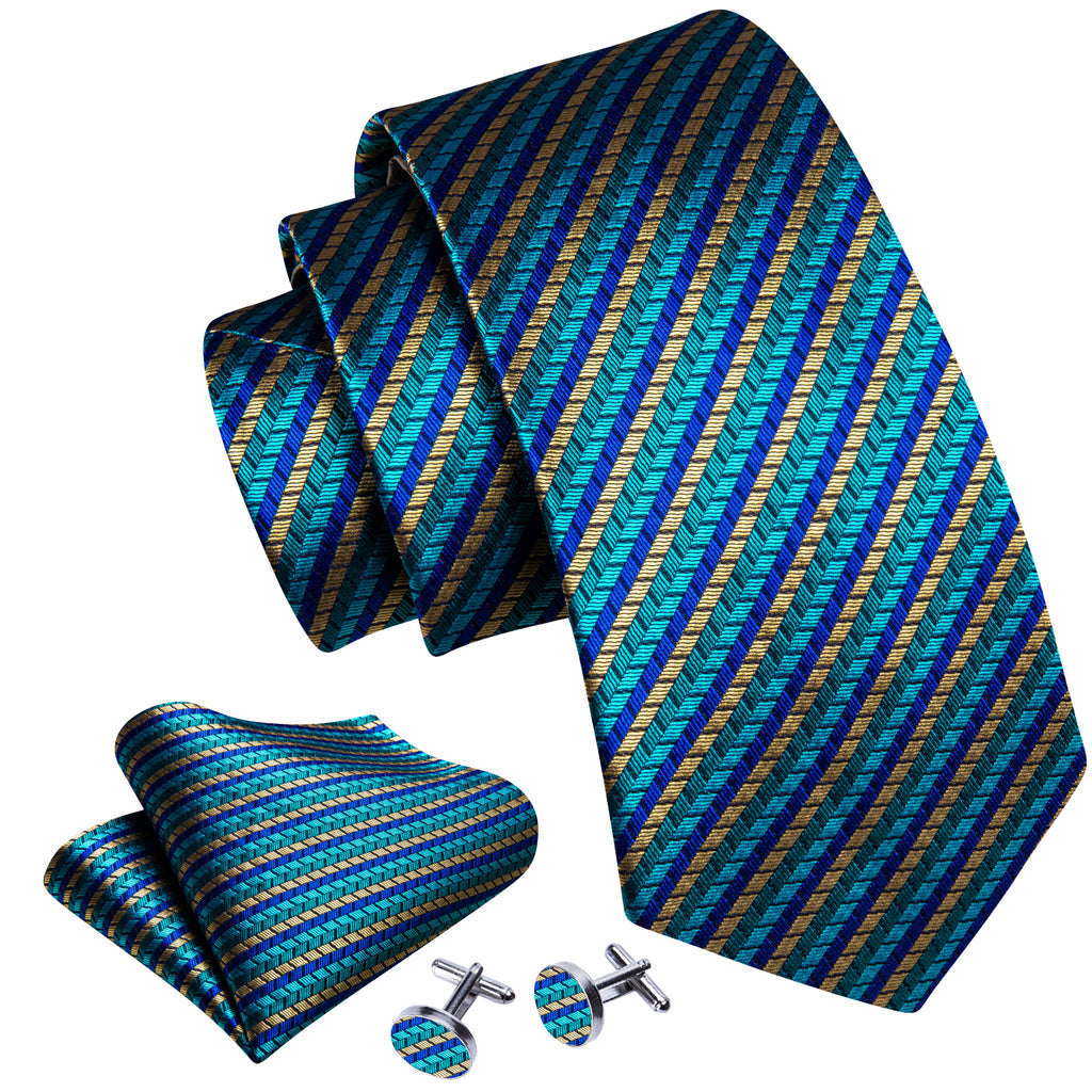 Teal Blue Beige Green Striped Tie, Pocket Square and Cufflinks Set tie sets - Sophisticated Gentlemen