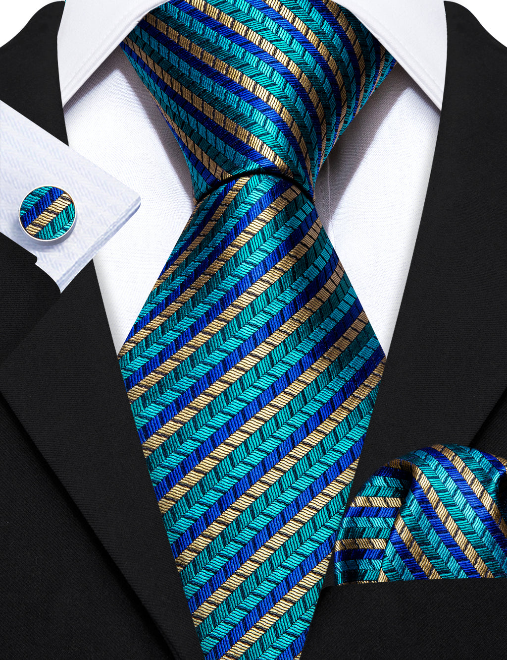 Teal Blue Beige Green Striped Tie, Pocket Square and Cufflinks Set tie sets - Sophisticated Gentlemen
