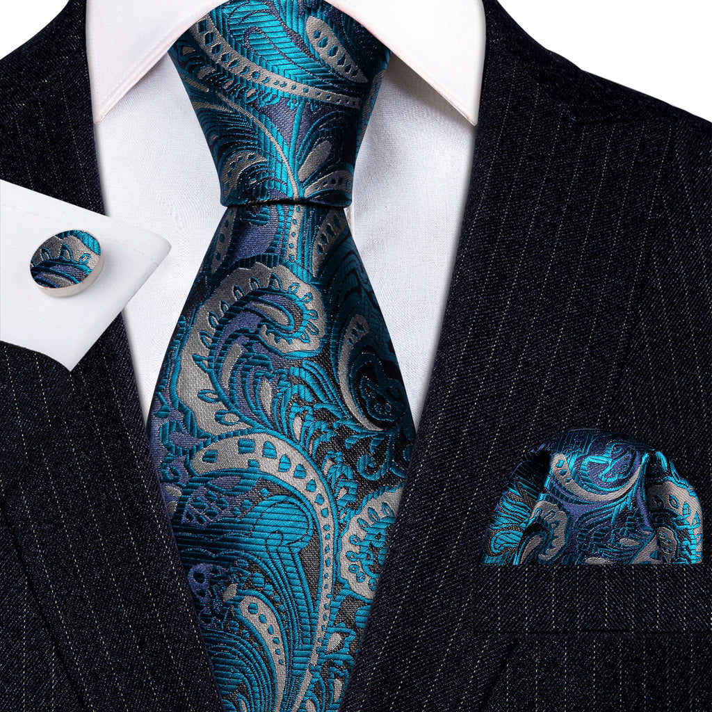 Blue Silver Paisley Silk Tie, Pocket Square and Cufflinks Set tie sets - Sophisticated Gentlemen