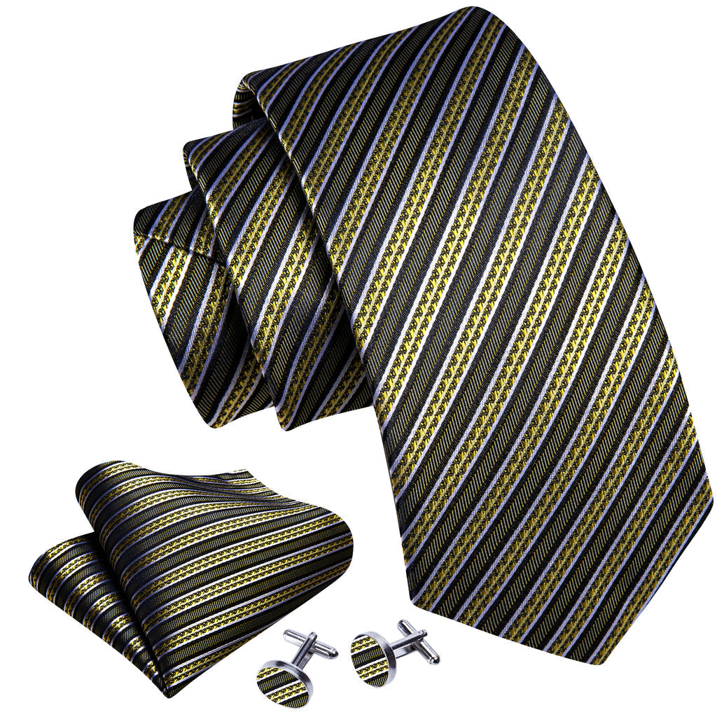 Green Yellow Striped Silk Tie, Pocket Square and Cufflinks Set tie sets - Sophisticated Gentlemen