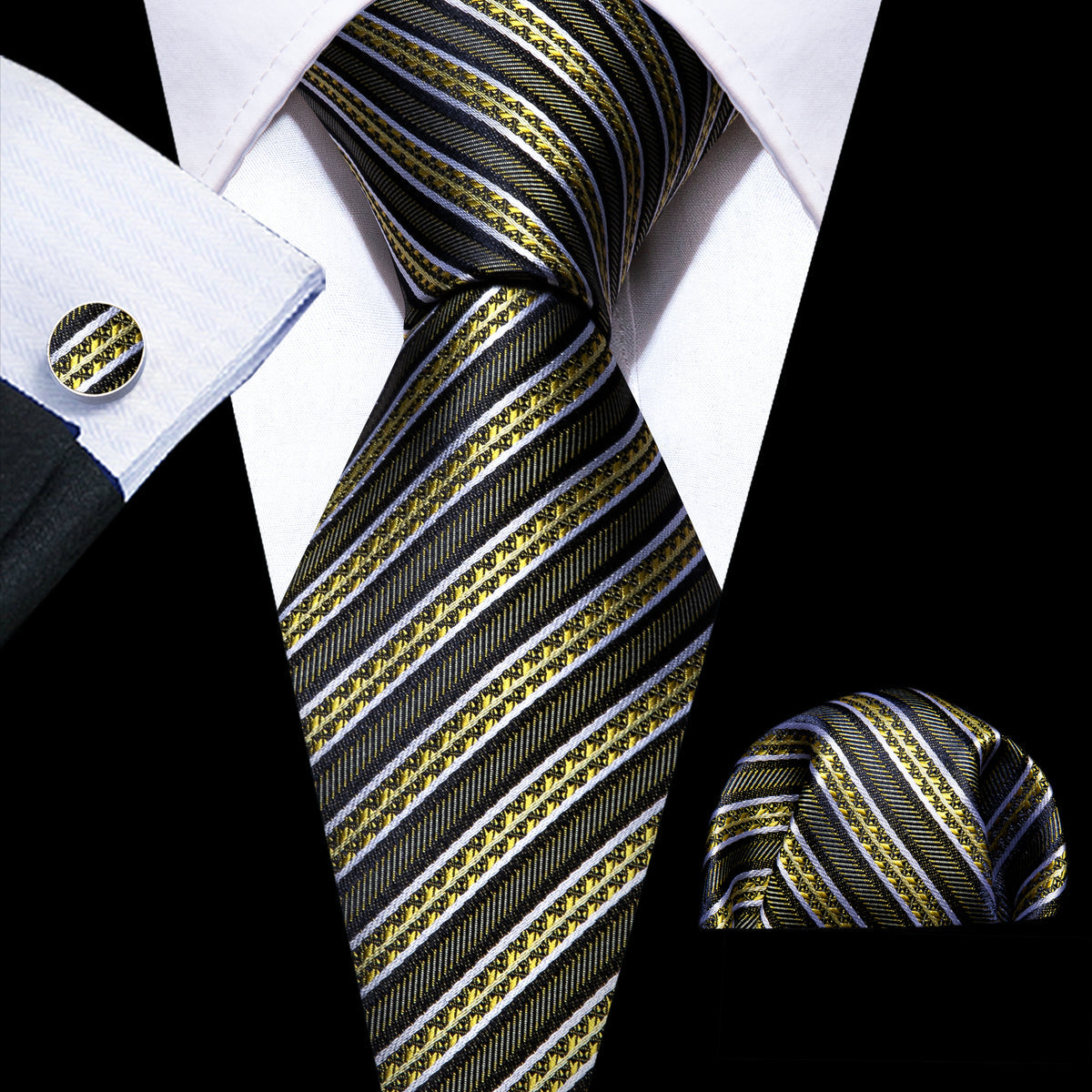 Green Yellow Striped Silk Tie, Pocket Square and Cufflinks Set tie sets - Sophisticated Gentlemen