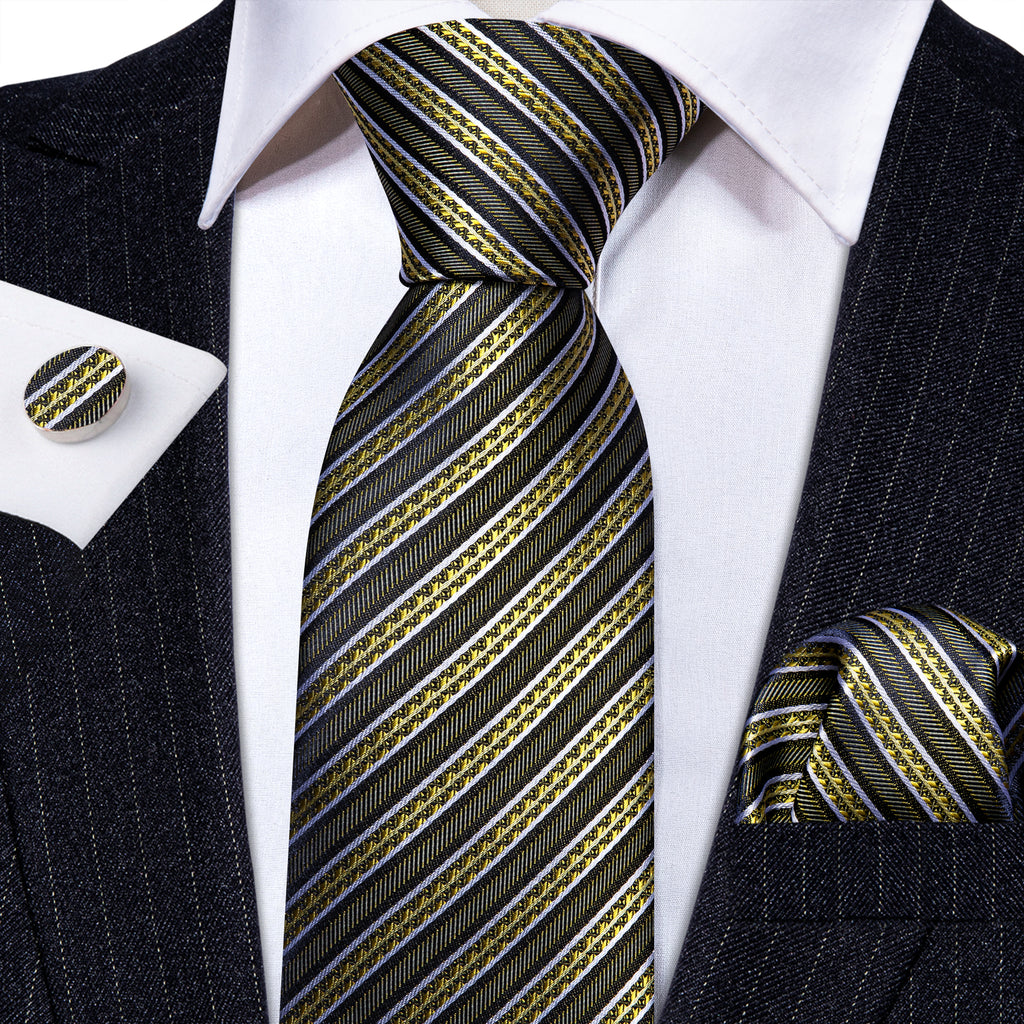 Green Yellow Striped Silk Tie, Pocket Square and Cufflinks Set tie sets - Sophisticated Gentlemen