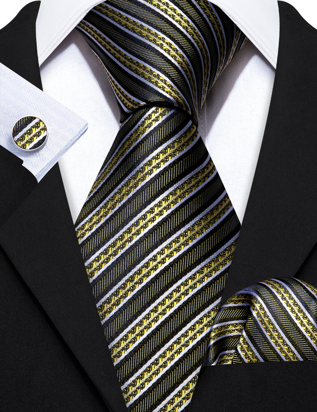 Green Yellow Striped Silk Tie, Pocket Square and Cufflinks Set tie sets - Sophisticated Gentlemen