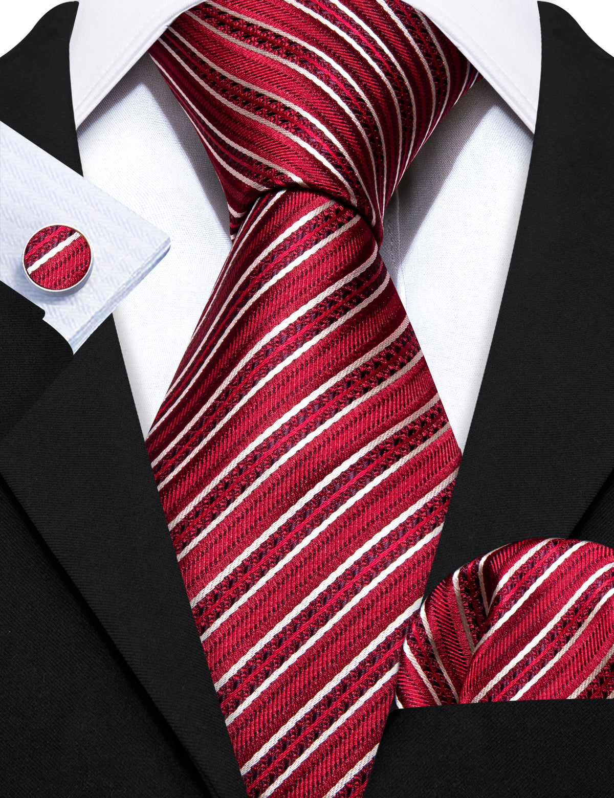 Red White Striped Silk Tie, Pocket Square and Cufflinks Set tie sets - Sophisticated Gentlemen