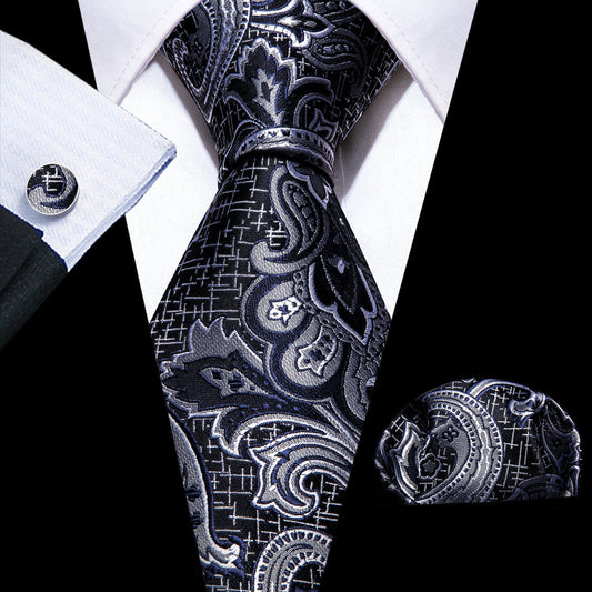 Black Silver Paisley Silk Tie, Pocket Square and Cufflinks Set tie sets    - Sophisticated Gentlemen
