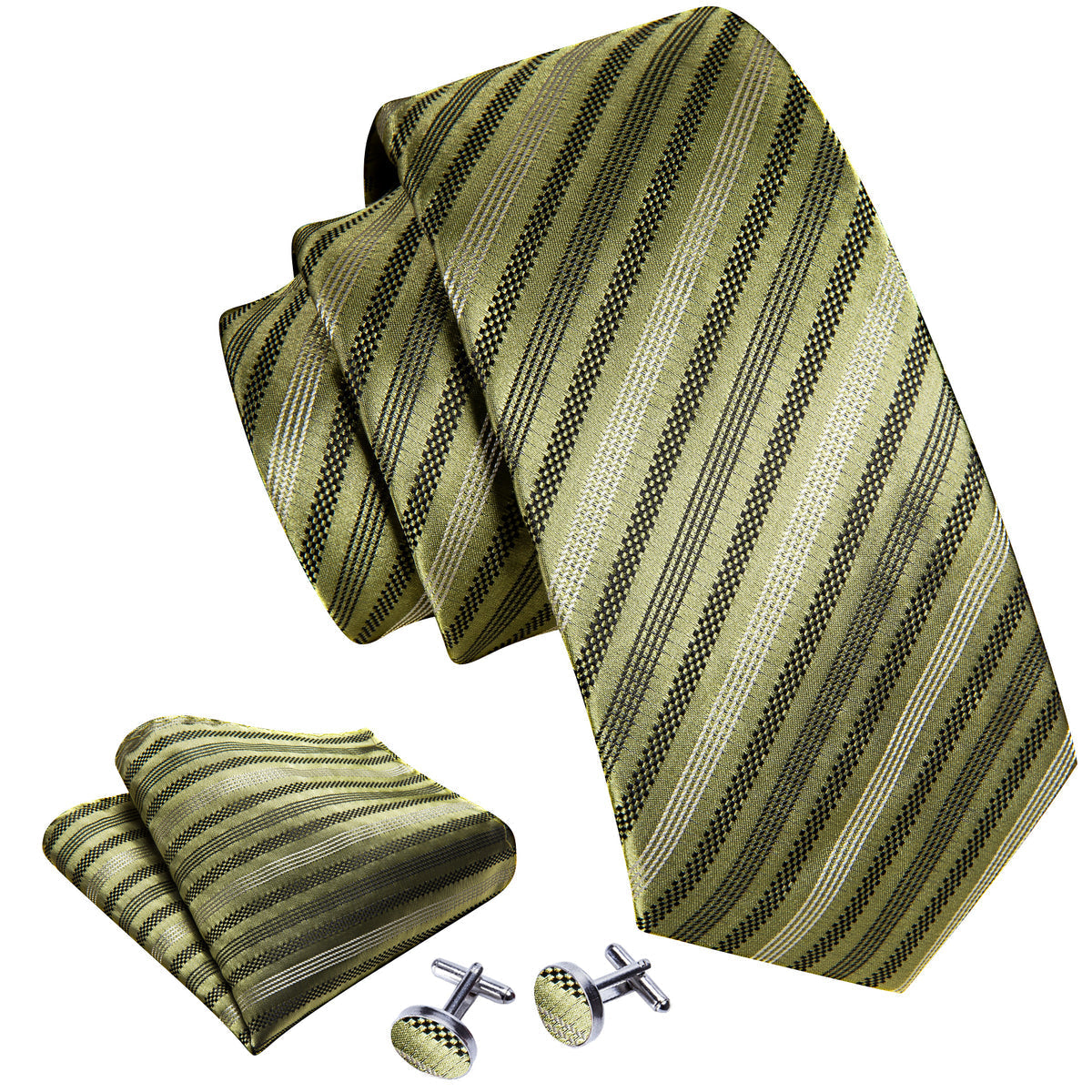 Black Olive Striped Silk Tie, Pocket Square and Cufflinks Set tie sets - Sophisticated Gentlemen