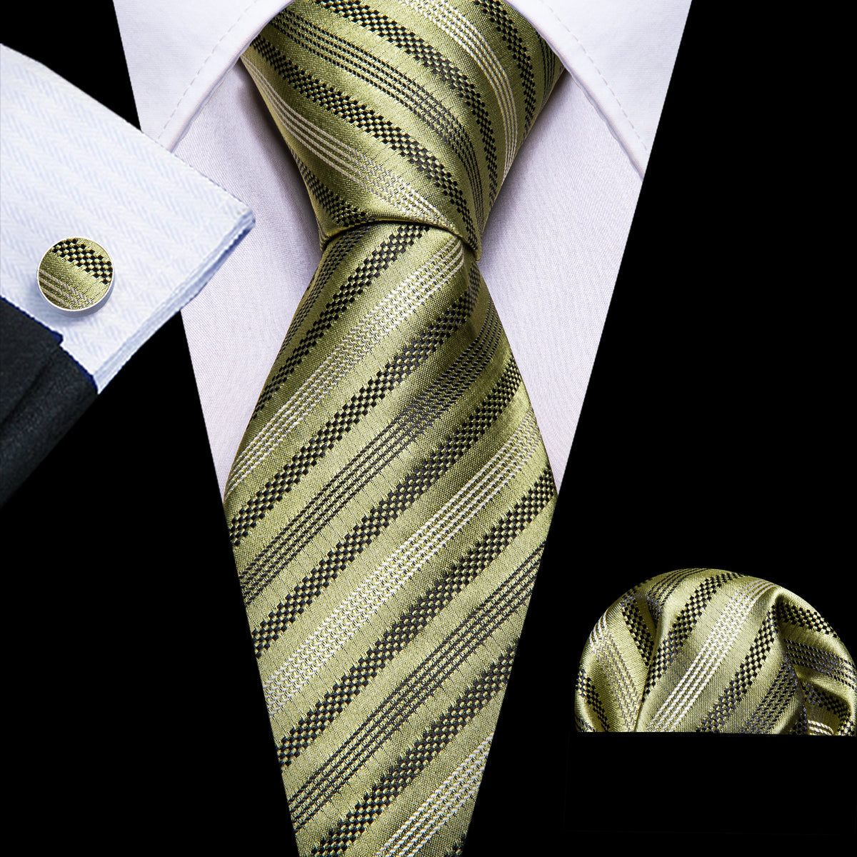 Black Olive Striped Silk Tie, Pocket Square and Cufflinks Set tie sets - Sophisticated Gentlemen