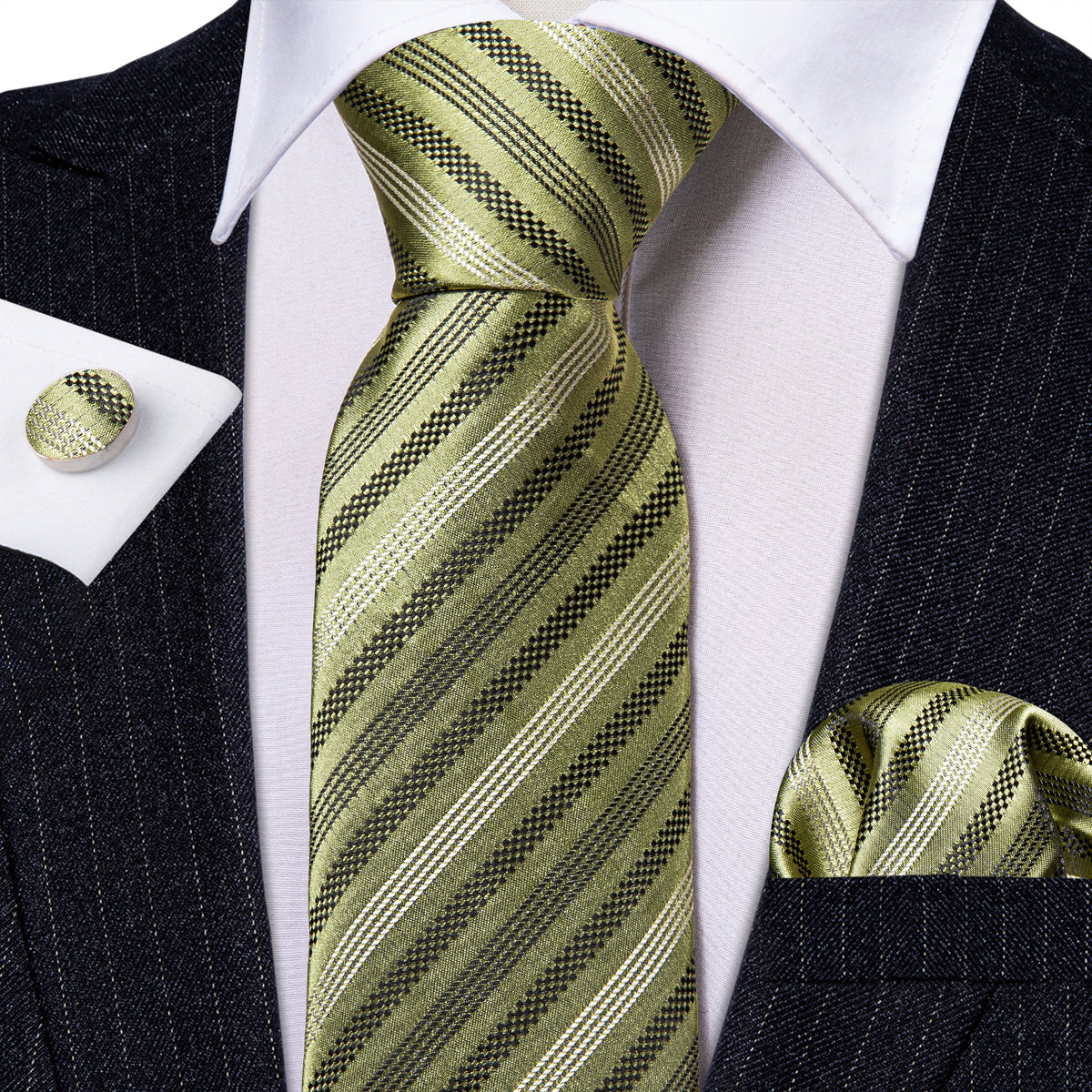 Black Olive Striped Silk Tie, Pocket Square and Cufflinks Set tie sets - Sophisticated Gentlemen