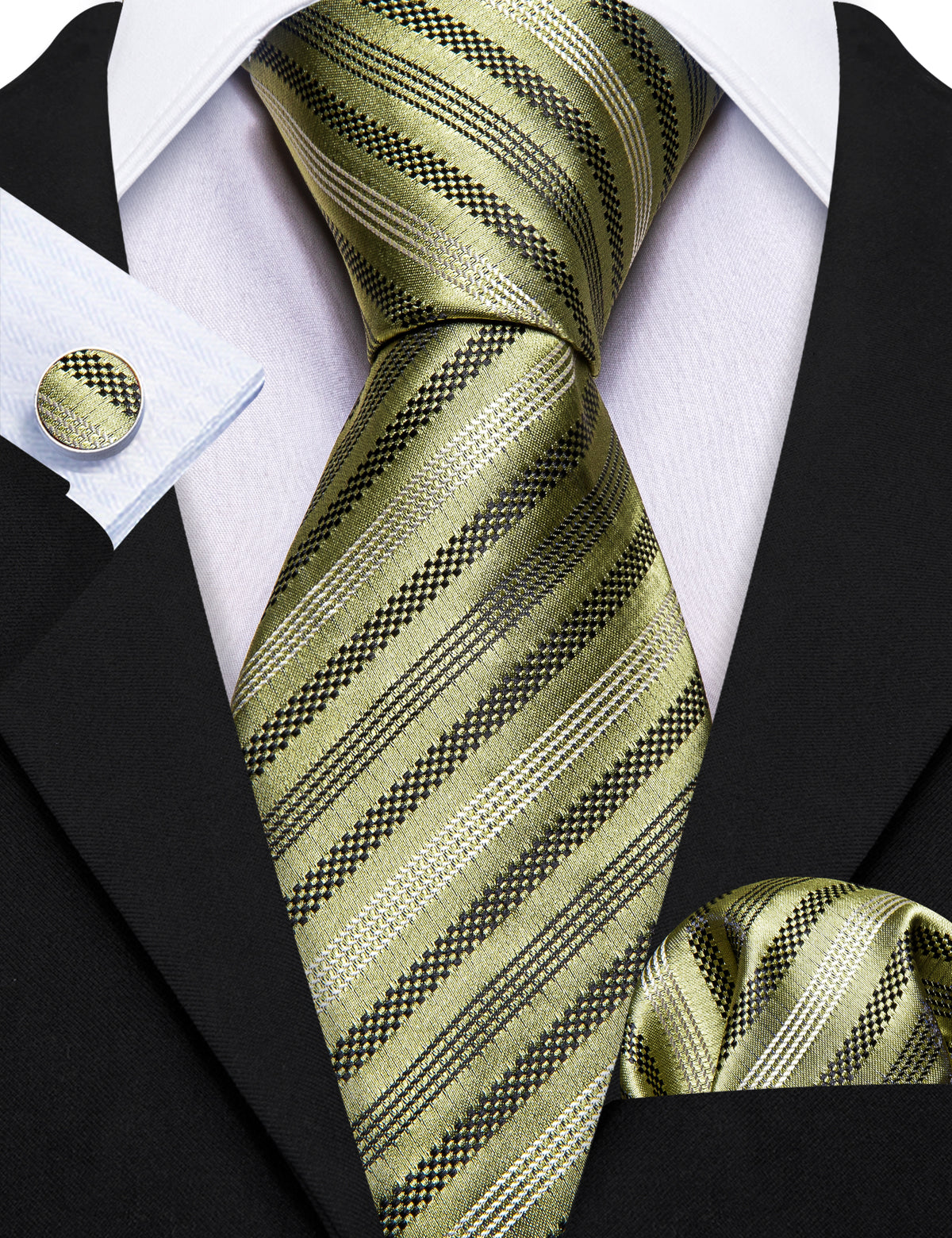 Black Olive Striped Silk Tie, Pocket Square and Cufflinks Set tie sets - Sophisticated Gentlemen