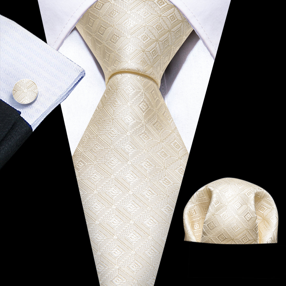 Cream Novelty Geometry Silk Tie, Pocket Square and Cufflinks Set tie sets - Sophisticated Gentlemen