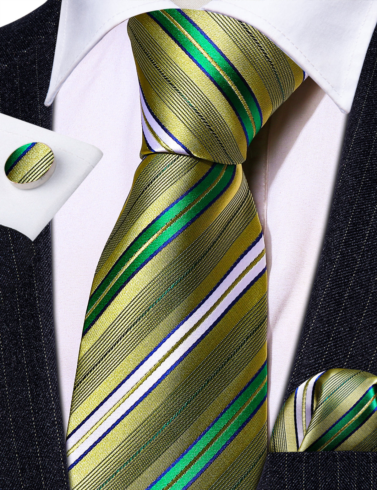 Green Yellow Striped Silk Tie, Pocket Square and Cufflinks Set tie sets - Sophisticated Gentlemen