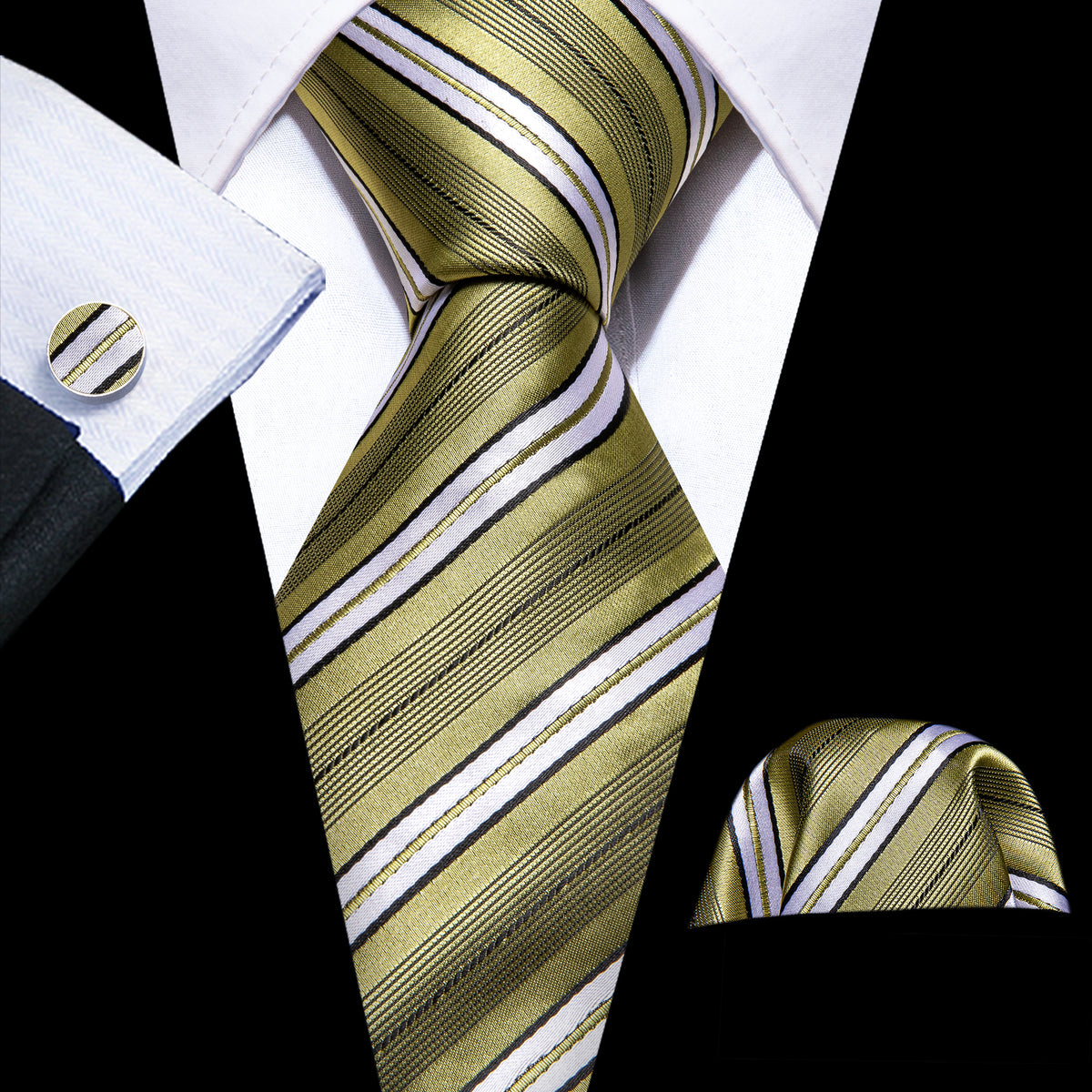 LemonChiffon Yellow White Striped Silk Tie, Pocket Square and Cufflinks Set tie sets - Sophisticated Gentlemen