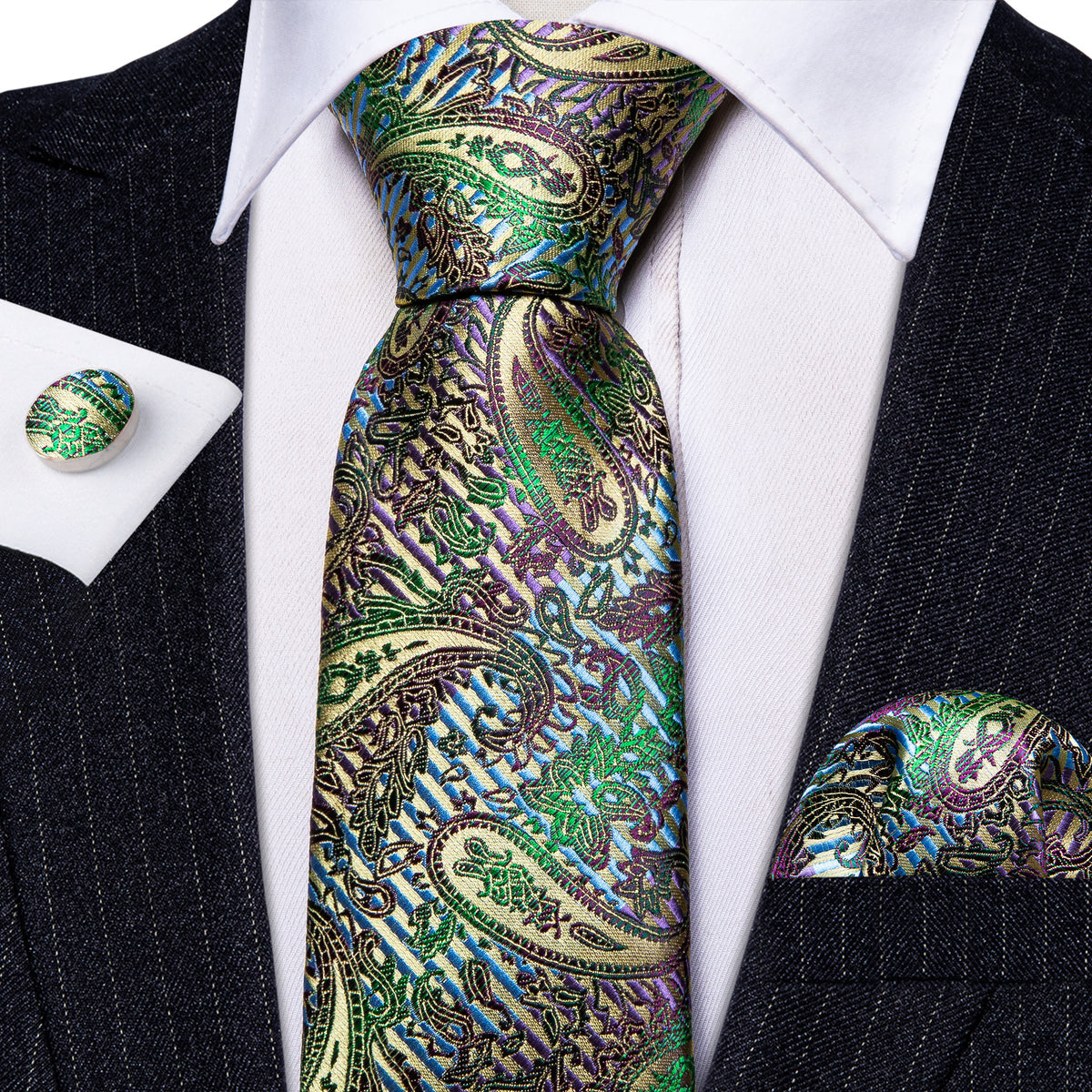 Colorful Paisley Silk Tie, Pocket Square and Cufflinks Set tie sets - Sophisticated Gentlemen