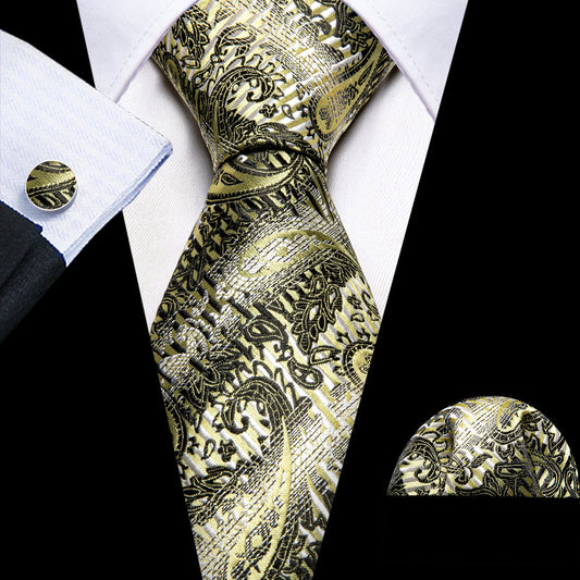 Black Silver Paisley Silk Tie, Pocket Square and Cufflinks Set tie sets    - Sophisticated Gentlemen