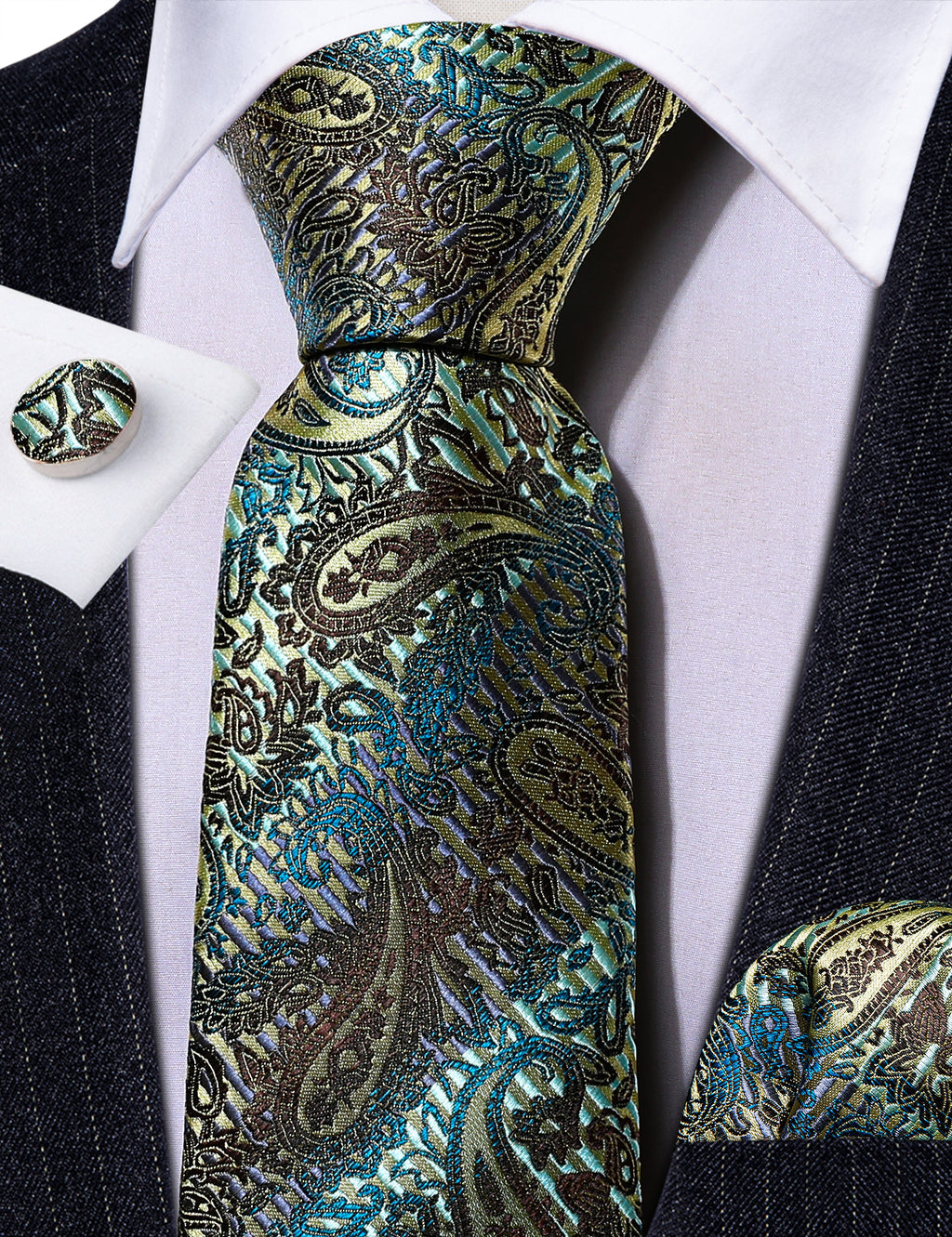 Black Gold Paisley Silk Tie, Pocket Square and Cufflinks Set tie sets - Sophisticated Gentlemen