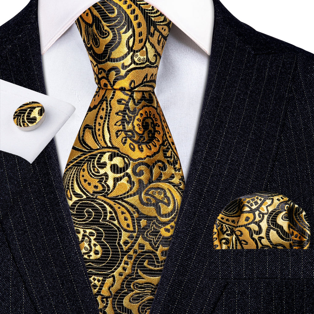Classy Gold Black Paisley Silk Tie, Pocket Square and Cufflinks Set tie sets - Sophisticated Gentlemen