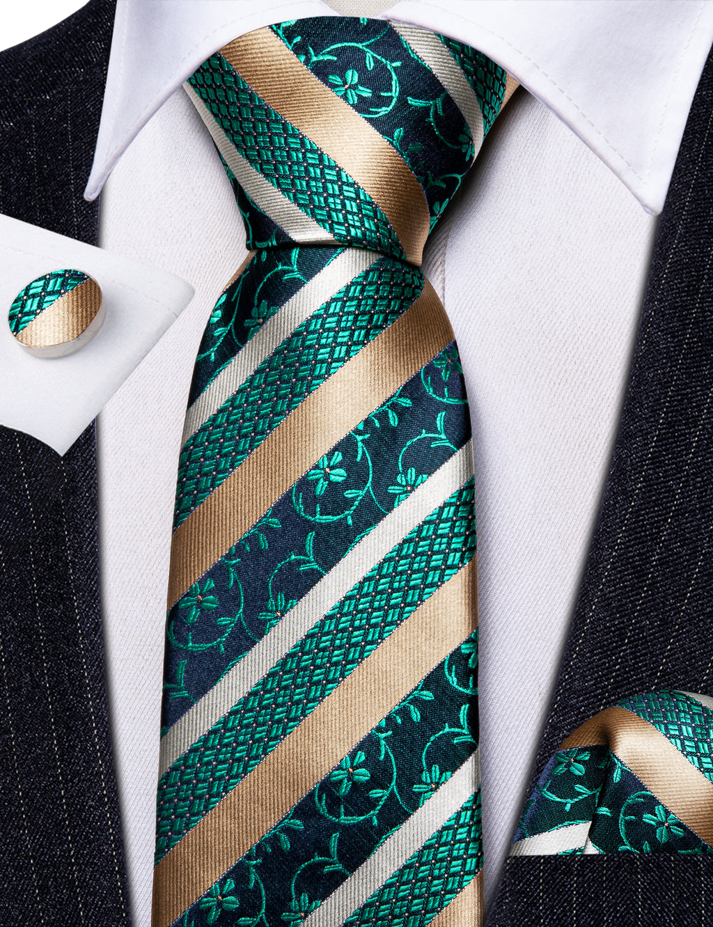 Green Peru Champagne Striped Silk Tie, Pocket Square and Cufflinks Set tie sets - Sophisticated Gentlemen