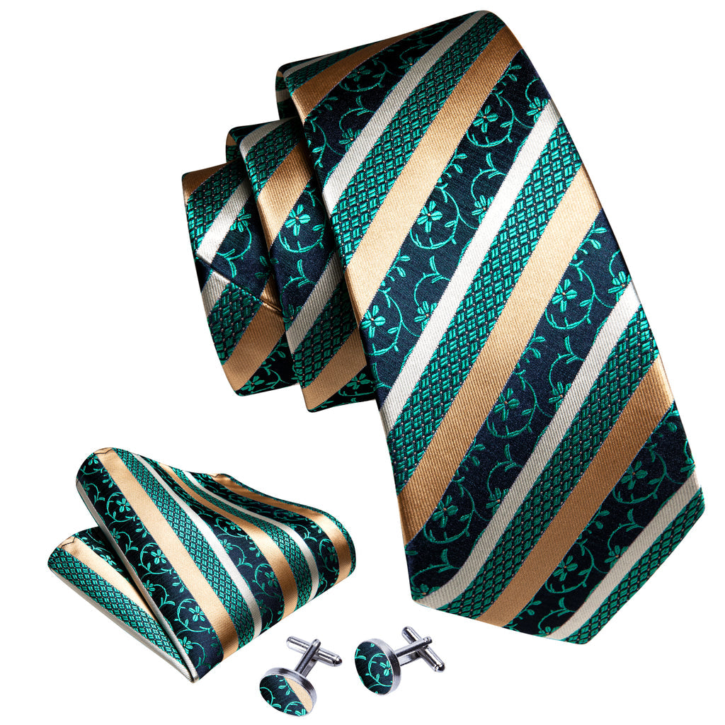 Green Peru Champagne Striped Silk Tie, Pocket Square and Cufflinks Set tie sets - Sophisticated Gentlemen