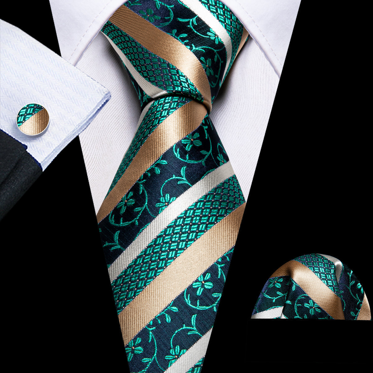 Green Peru Champagne Striped Silk Tie, Pocket Square and Cufflinks Set tie sets - Sophisticated Gentlemen